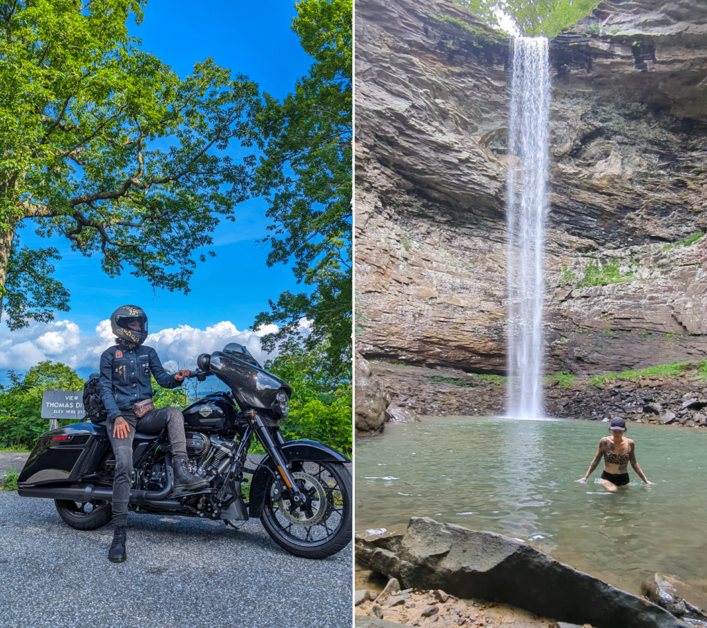 Split image of a woman next to a motorcycle and a waterfall